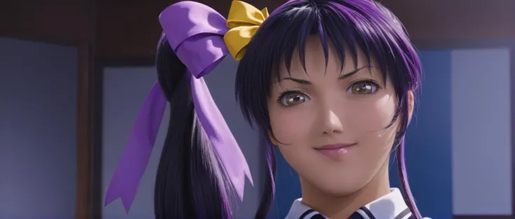 cinematic film still of <lora:Bible Black style:1>
Nami kozono a realistic photo of a woman with a bow in her hair,1girl,solo,long hair,smile,black hair,ribbon,brown eyes,blue hair,hair ribbon,yellow eyes,ponytail,necktie,uniform,parody ,purple hair, choppy hair, nerd, eroge,real life anime,manga,nsfw,Adult animation,explicit,Original video animation, Baiburu Burakku style, Bible Black style,villain2, school girl outfit, shallow depth of field, vignette, highly detailed, high budget, bokeh, cinemascope, moody, epic, gorgeous, film grain, grainy