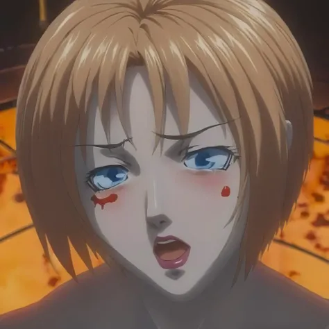 UHD, 4k, ultra detailed, cinematic, a photograph of <lora:BB_Reika Kitami:1>
Low angle from below,Reika Kitami a woman with a creepy face and a magical circle around her bloody face,1girl,solo,looking at viewer,short hair,blue eyes,brown hair,teeth,tears,orange hair,blood,blood on face,motion blur,ryuuguu rena ,blonde hair, short hair, blue_eyes, nerd, eroge,anime,manga,nsfw,cartoon,Adult animation,explicit,Original video animation, Baiburu Burakku style, Bible Black style, epic, beautiful lighting, inpsiring