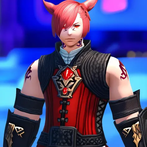 grahatiaffxivdsk, animal ears, miqo'te, red hair, solo focus, blurry background, red eyes, cat ears, male focus, looking at viewer, blurry, short hair, tattoo, slit pupils, neck tattoo, cat boy, bangs, sleeveless, hair over one eye, facial mark, detached sleeves, cowboy shot, swept bangs, 1boy, standing,  closed mouth