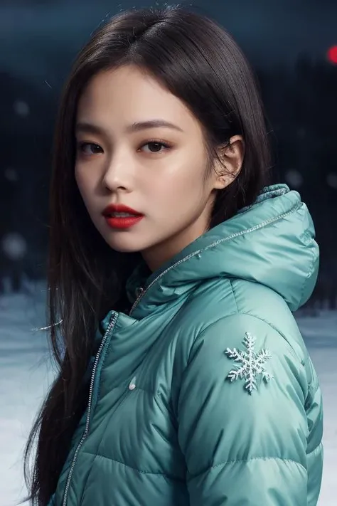 masterpiece, best quality, ultra-detailed, ultra high res, (photorealistic:1.4), raw photo, (realistic:0.2), CG, {4k|8k} HDR, perfect lighting, 1girl, solo, looking at viewer, (winter clothes, padded jacket), outdoor, (snow, snowflakes), night, aurora sky, red lips, upper body, asymmetrical wavy long hair, (detailed oily skin, small breasts:1.1), (detailed background :1.1),