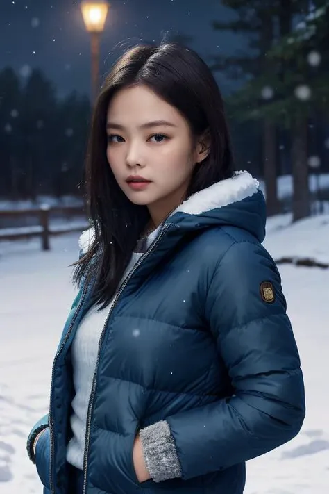 masterpiece, best quality, ultra-detailed, ultra high res, (photorealistic:1.4), raw photo, (realistic:0.2), CG, {4k|8k} HDR, perfect lighting, 1girl, solo, looking at viewer, (winter clothes, padded jacket), outdoor, (snow, snowflakes), night, aurora sky, upper body, asymmetrical wavy long hair, (detailed oily skin, small breasts:1.1), (detailed background :1.1), hands in pocket,