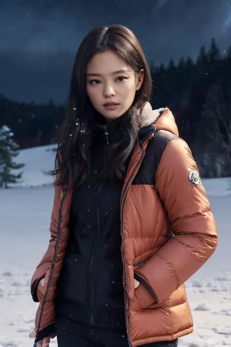 masterpiece, best quality, ultra-detailed, ultra high res, (photorealistic:1.4), raw photo, (realistic:0.2), CG, {4k|8k} HDR, perfect lighting, 1girl, solo, looking at viewer, (winter clothes, padded jacket), outdoor, (snow, snowflakes), night, aurora sky, upper body, asymmetrical wavy long hair, (detailed oily skin, small breasts:1.1), (detailed background :1.1), hands in pocket,
