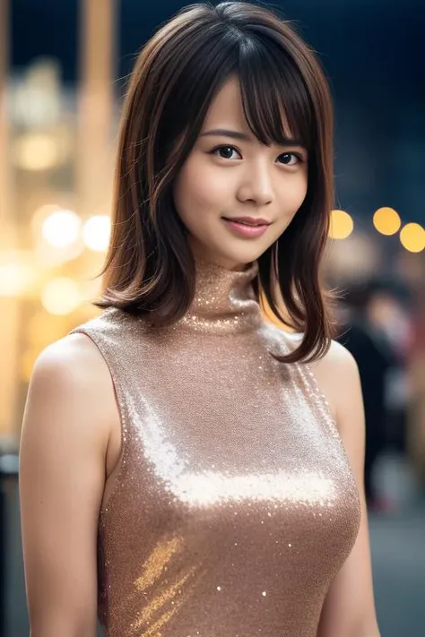 1girl,(wearing a sleeveless turtleneck glittery dress:1.2),(RAW photo, best quality), (realistic, photo-realistic:1.4), masterpiece, an extremely delicate and beautiful, extremely detailed, 2k wallpaper, Amazing, finely detail, extremely detailed CG unity 8k wallpaper, ultra-detailed, highres, soft light, beautiful detailed girl, extremely detailed eyes and face, beautiful detailed nose, beautiful detailed eyes,cinematic lighting,city lights at night,perfect anatomy,slender body,smiling   <lora:takamiyuri_lora:0.8>
