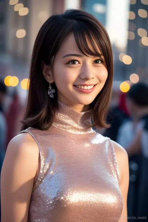 1girl,(wearing a sleeveless turtleneck glittery dress:1.2),(RAW photo, best quality), (realistic, photo-realistic:1.4), masterpiece, an extremely delicate and beautiful, extremely detailed, 2k wallpaper, Amazing, finely detail, extremely detailed CG unity 8k wallpaper, ultra-detailed, highres, soft light, beautiful detailed girl, extremely detailed eyes and face, beautiful detailed nose, beautiful detailed eyes,cinematic lighting,city lights at night,perfect anatomy,slender body,smiling   <lora:takamiyuri_lora:0.8>