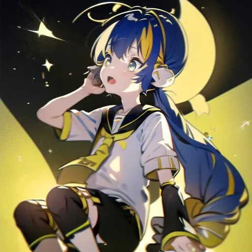 everyone, looking at another,
<lora:KagamineLenV1:0.7>, kagamine len, sailor_collar:1.2, 1boy, yellow hair, short pants and sleeve, white shirt, ahoge,
<lora:Otomachi_Una-06:1.2>, otomachi una, 1girl, blue hair, long hair, dress, fang, twintails, very long hair