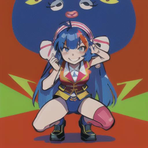 red background, yandere, bright red, bright colors, 1girl, navel exposed outfit, militar uniform, rock, squat, bow, winner gesture, (from front: 1.3), <lora:Otomachi_Una-06:1.2>, blue hair, superhero