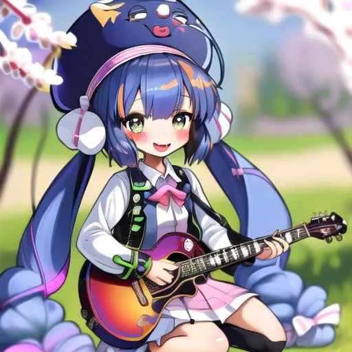 (masterpiece),(best quality),(ultra-detailed), (full body:1.2), <lora:Otomachi_Una-06:1.2>, 1girl, chibi, cute, smile, open mouth, long hair, twintails, blue hair, very long hair, hat, outdoors, playing guitar, music, beret, holding guitar, jacket, blush, tree, :3, shirt, short hair, cherry blossoms, green headwear, blurry, blush stickers, long sleeves, bangs, headphones, pink flower, (beautiful detailed face), (beautiful detailed eyes)