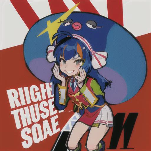 red background, yandere, bright red, bright colors, 1girl, navel exposed outfit, militar uniform, rock, squat, bow, winner gesture, (from front: 1.3), <lora:Otomachi_Una-06:1.2>, blue hair, superhero