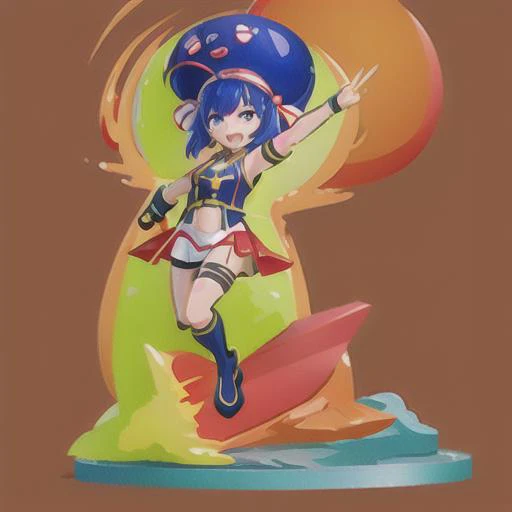 red background, yandere, bright red, bright colors, 1girl, navel exposed outfit, militar uniform, rock, squat, bow, winner gesture, (from front: 1.3), <lora:Otomachi_Una-06:1.2>, blue hair, superhero, <lora:blindbox_v1_mix:1>