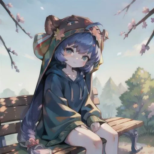 costume, bear, dress, masterpiece, best quality, high resolution:1.4, high quality:1.2, 1girl, blue hair, <lora:Otomachi_Una-06:1.2>, woman, simple background, white background, shadows, one leg raised, sitting, hood, hood up, hoodie, looking to the side, park:1.8, park bench, trees, flower, depth of field, hair flower, hair ornament, head tilt, leaf, outdoors