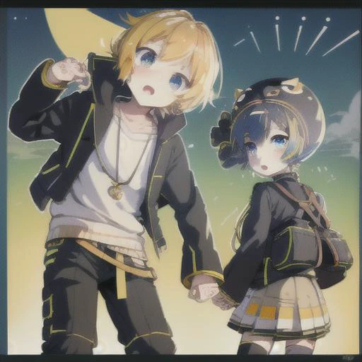 <lora:KagamineLenV1:0.7>, <lora:Otomachi_Una-06:1.2>, 2boys, 2girls, ahoge, bag, everyone, looking at another, otomachi una, kagamine len