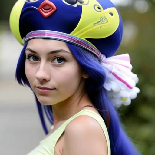 full body photo of a female adolescent with blue hair blue eyes wearing a blue hat <lora:Otomachi_Una-06:1.2>