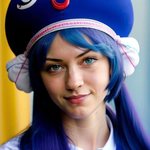 female adolescent blue hair blue eyes wearing a blue hat <lora:Otomachi_Una-06:1.2>