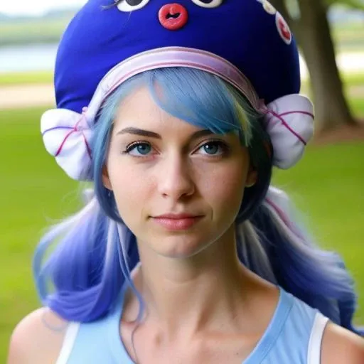 female adolescent blue hair blue eyes wearing a blue hat <lora:Otomachi_Una-06:1.2>