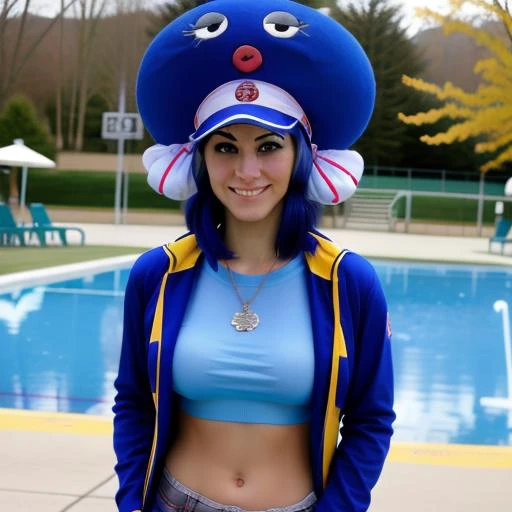 full body photo of a female highschool with blue hair blue eyes wearing a blue hat <lora:Otomachi_Una-06:1.2>