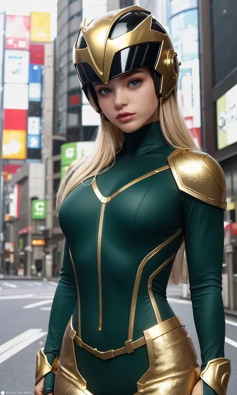allabentley2023, 1girl, 8k, uhd, trending on arstation, award winning art, best quality, masterpiece, photorealistic, raw image, perspective, 5 fingers, depth of field, dressed as green power ranger, bodysuit, armor, super sentai, kawaii pose, open helmet, blonde hair, gold emblem, gold chest plate, Shibuya