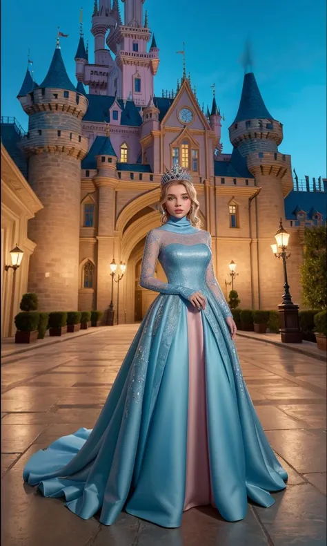 allabentley2023, 1girl, 8k, uhd, trending on arstation, award winning art, best quality, masterpiece, photorealistic, raw image, perspective, 5 fingers, depth of field, as disney princess, crown, elegant princess gown, fairytale, outside castle, gloves, turtleneck, scarf, blue dress,