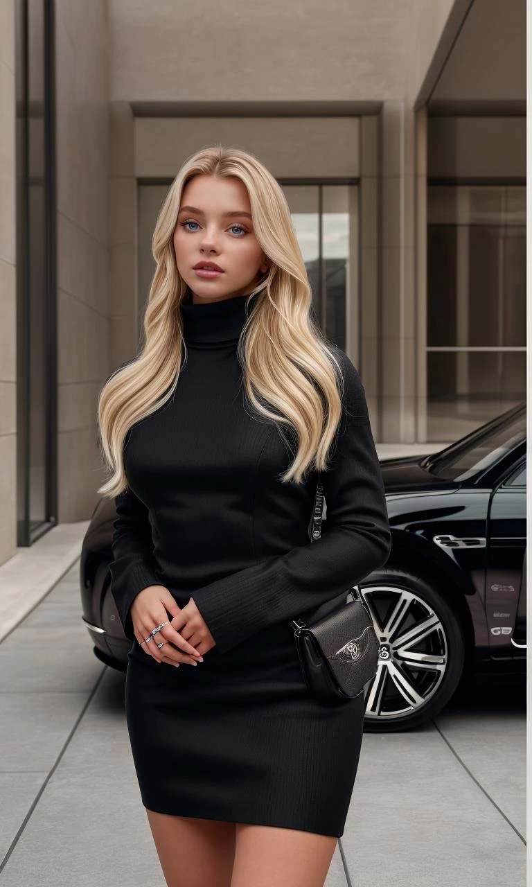 allabentley2023, 1girl, 8k, uhd, trending on arstation, award winning art, best quality, masterpiece, photorealistic, raw image, perspective, depth of field, elegant black dress, Bentley car in background, model shoot, long blonde hair, turtleneck, high fashion