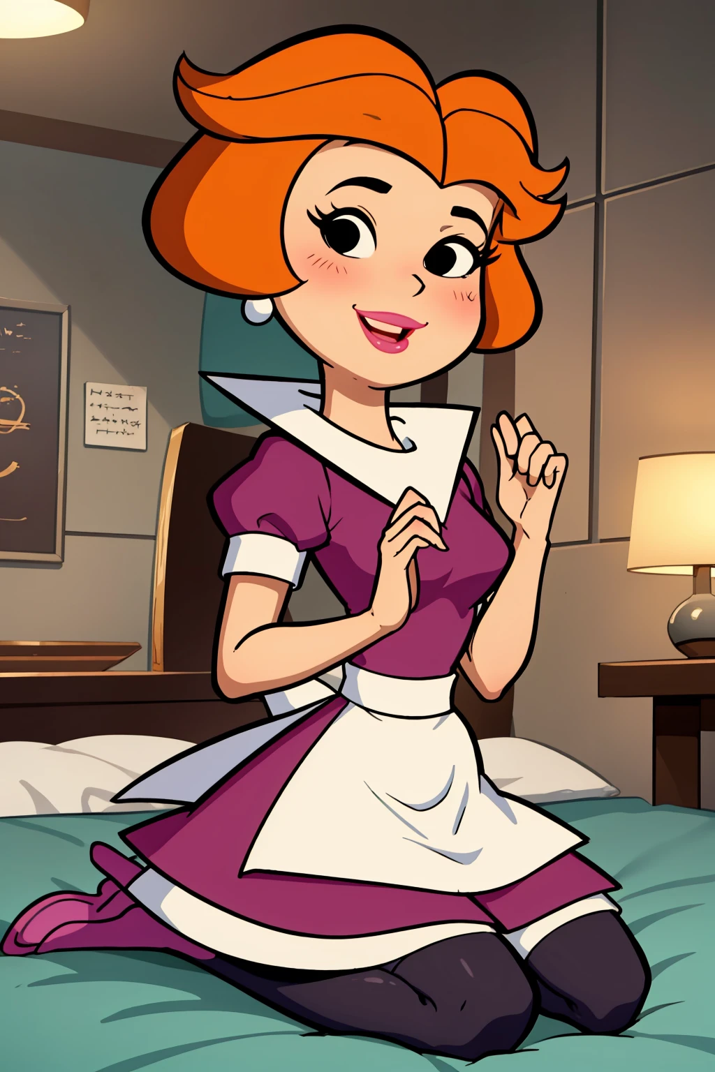 masterpiece, best quality, 1girl, jane, orange hair, short hair, black eyes, makeup, lipstick, earrings, blush, smile, maid outfit, kneeling, stockings, looking at viewer, solo, indoors <lora:JaneJetson:1>