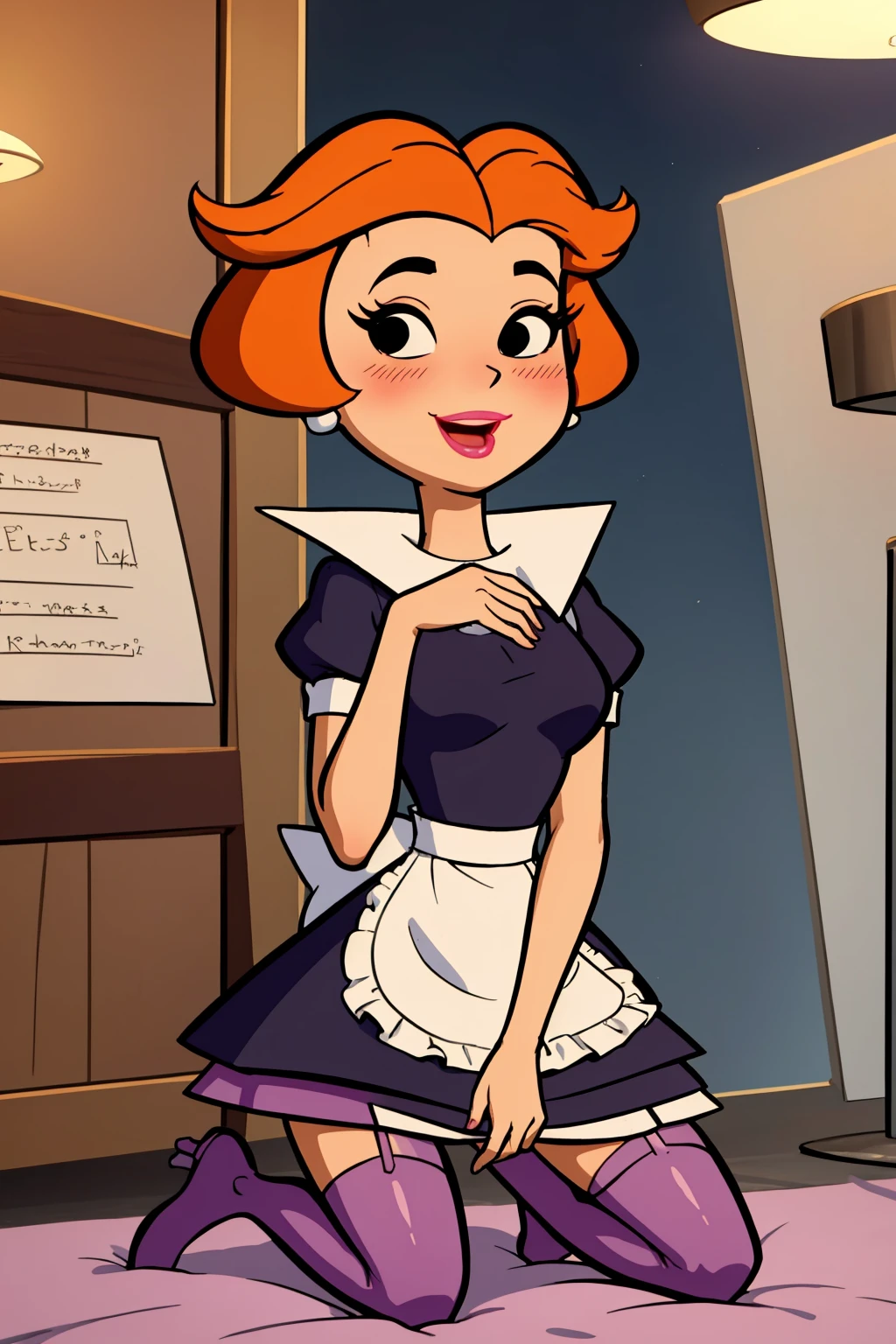 masterpiece, best quality, 1girl, jane, orange hair, short hair, black eyes, makeup, lipstick, earrings, blush, smile, maid outfit, kneeling, stockings, looking at viewer, solo, indoors <lora:JaneJetson:1>