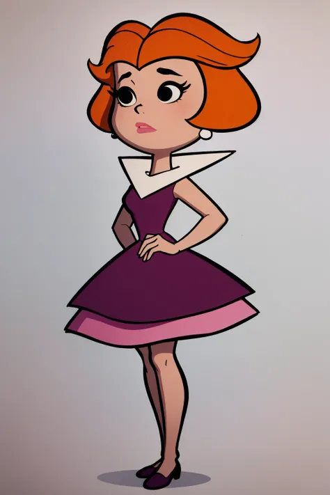 masterpiece, best quality, 1girl, jane, orange hair, short hair, black eyes, makeup, earrings, dress, standing, simple background <lora:JaneJetson:1>