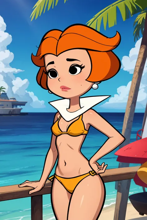 masterpiece, best quality, 1girl, jane, orange hair, short hair, black eyes, earrings, yellow bikini, sea, sand, tropical island background <lora:JaneJetson:1>
