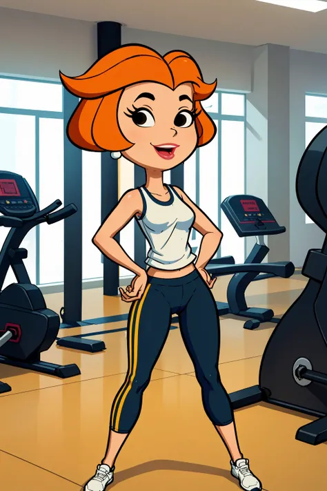 masterpiece, best quality,1girl, jane, orange hair, short hair, black eyes, earrings, makeup, smile, tank top, yoga pants, standing, looking at viewer, hands on hips, indoors, gym background   <lora:JaneJetson:1>