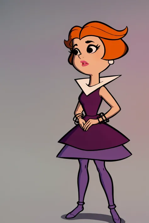 masterpiece, best quality, 1girl, jane, orange hair, short hair, black eyes, makeup, lipstick, earrings, purple dress,  pantyhose, bracelet, standing, simple background <lora:JaneJetson:1>
