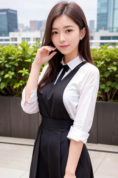 <lora:koreanDollLikeness_v10:0.1>,  (RAW photo, best quality), (realistic, photo-realistic:1.2), a portrait photo, 1girl, shopping mall rooftop cafe, outdoor, smile, (high detailed skin:1.4), puffy eyes, gorgeous hair, air bangs, brown black hair, white opaque shirt with bow tie, pure color pleated skirt, soft lighting, high quality, skin spots,
<lora:jiangshuying:0.3>