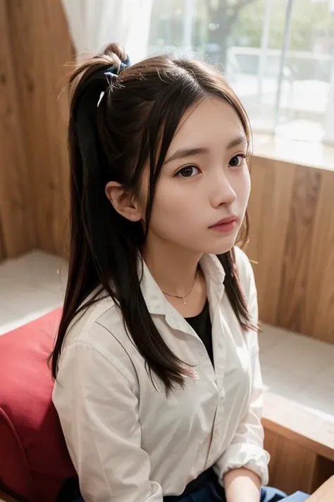 <lora:koreanDollLikeness_v10:0.1>,  (RAW photo, best quality), (realistic, photo-realistic:1.2), a portrait photo, 1girl, 20 yo, alone, sitting  in a  classroom, indoor,  sunlighting, warm  indoor lighting, smile, (high detailed skin:1.4), puffy eyes, gorgeous hair, air bangs, brown black hair, (wearing shool uniform:1.8), soft lighting, high quality, skin spots,detailed face, 
<lora:jiangshuying:0.6>