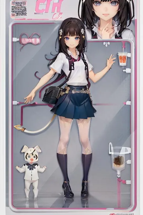 (AS-YoungerV2:1.3),(masterpiece),(best quality),extreamly delicate and beautiful,traditional media,1girl,solo,  bob cut, black hair, short hair, girl-model-kit, school uniform, pleated skirt, very long hair, smile, shoes_aside,high heels, pantyhose, bar_code,qr code,view through glass,border,   <lora:girl-model-kit:0.75> <lora:popupparade:0.9>
