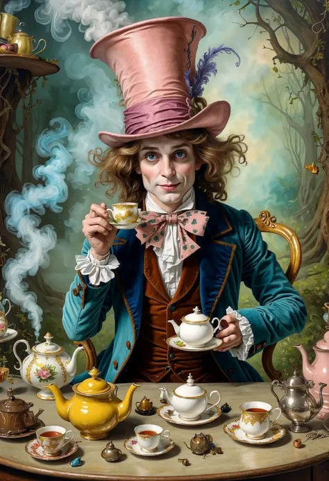 ASCIIFairy-tale painting of a Victorian Hatter man, solo, at table, (cup and teapot in hand:1.25), Surreal Tea Party in Wonderland, Smoke and Mirrors, masterpice by (Richard Dadd:1.36), best quality, 4k textures, ultra detailed