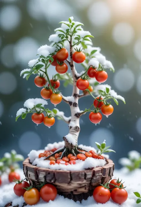 RAW cinematic, BREAK miniature of a little tomatoes growing on a Birch (bonsai tree, Covered snow, tilt-shift), BREAK soft lighting, professional colorgraded, 4k textures, ultra detailed, chromatic aberration, uhd, dslr, soft lighting, high quality, film grain, Fujifilm XT3