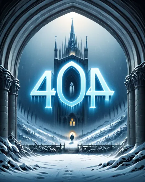 <lora:Harrlogos_v1.1:1> <lora:404ra_v4.0.4:1>, 404 text logo, landscape of a Unusual [Biosphere:Meadow:1] from inside of a Notre-Dame Basilica, Snowy, Anime screencap, 800mm lens, two colors