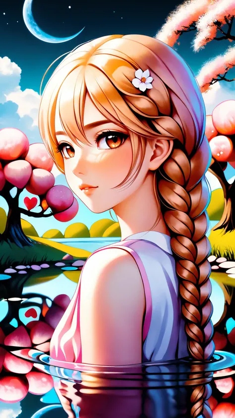 (masterpiece several style, best quality, day:1.3), a cute kawaii ù girl, portrait type photo, peach, skinny, thirsty, dark blonde dutch braid, mascara, pond background, Dazzling, trending on ArtStation, nsfw double exposure, Psychedelic art style, divides into two distinct realms, stark contrast between the light and the dark, transcending language and culture, reveal the universal essence of emotions, fantasy, creativity, inspiration, pure, raw beauty of love, joy, hope, kindness, death, decay, anger, fear, sorrow, despair