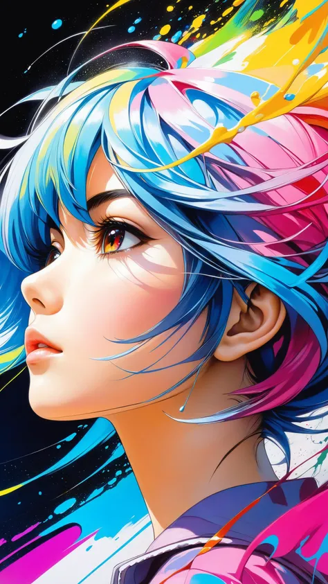 double exposure, whirlwind of paint, girl, (paint splashes, colorful, outrun, paint texture:1.2), (masterpiece:1.2), best quality, (hyperdetailed, highest detailed:1.2), high resolution textures, (absurdres, best quality, highly detailed:1.2), a portrait of one side woman's face, anime, by Anno Hideaki, colorful hair, close up on side of face