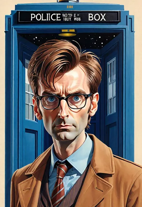 Flat Illustration, halfbody portrait of a David Tennant As Tenth Doctor from Doctor Who tv-series, glasses, brown coat over a blue Business stripes suit, Peeking out of the TARDIS police box, by (Peter Elson:1.36), best quality, 4k textures, ultra detailed