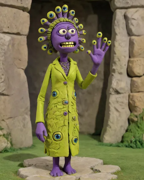 claymation concept art, Female Beholder, wearing Peacock-style suit, she has a Entrancing purple Gold Tooth, inside a Stonehenge, Sharp and in focus, Tranquil, telephoto lens, deep yellow and Lime green neon hue, intricate detailed face . <lora:CLAYMATE_V2.03_:1> claymation