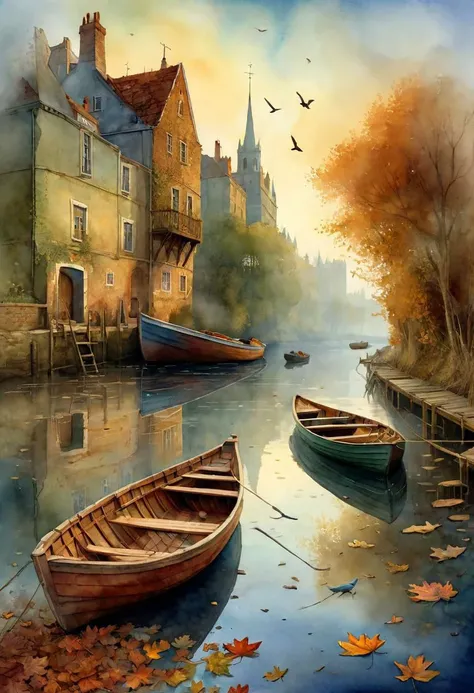 Lovely and serene digital watercolor, So I walked as day was dawning where small birds sang and leaves were falling where we once watched the rowboats landing by the broad majestic Shannon, inspired by Daniel Merriam, Vladyslav Yerko, Kerem Beyit, Enki Bilal, Alexandr Averin, deep color, perfect composition, hyperdetailed exquisite realistic watercolor, peaceful and elegant Irish landscape, restful and calm tone, tranquil, 32k, complex and razor-sharp background with dynamic lighting, a masterpiece