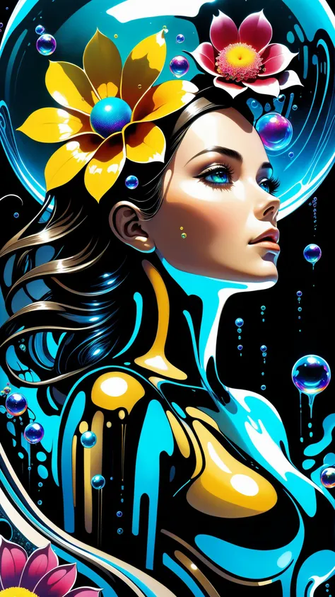 biomechanical Yamer style style illustration beautiful woman, colorful melting human head, acrylic bubbles and flowers, ferrofluids, water distortions. looking up, intricate abstract, intricate artwork, beeple, blend of organic and mechanical elements, futuristic, cybernetic, detailed, intricate, dark theme, (in awe:1.2), confident, (surprised:0.7), natural skin, style of Stan Manoukian, <lora:xl_yamer_style-2.0:0.7>, physically based unbiased rendering, natural lighting, soft shadows, extremely high-resolution details, photographic, realism pushed to extreme, fine texture, 4k, ultra-detailed, high quality, high contrast