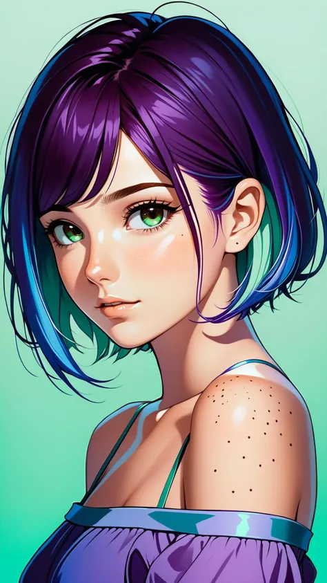 short hair, Electric blue hair:1.1, portrait, lady, brown eyes, deep purple Off-the-shoulder top/dress, freckles, (Mint green gradient background, led light, edge light, simple background)