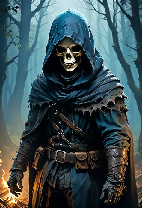 Of a magdamn bandit in a 1skullface in shadow hood, ((bluefire in Bony hands)), gloomy eerie rpg setting, mysterious ominous Woodland atmosphere, Chiaroscuro sense of dangerous intrigue, preparations for battle, by (Caravaggio:1.36), trending on artstation, best quality, 4k textures, ultra detailed
