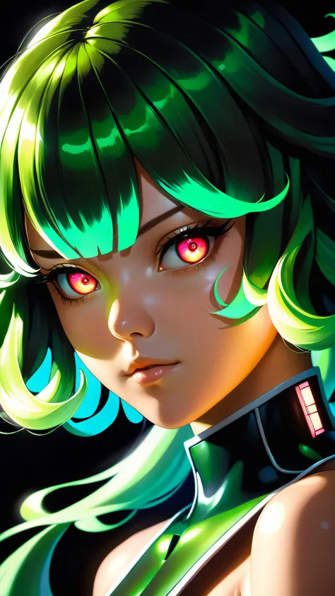 mid shot portrait photo of a real life version of Tatsumaki, realistic LUT, sexy cyborg-samurai, Solo 1girl with long glowing hair, glowing eyes, ultra realistic photo, small breasts, nipples. Dark background, mysterious, digital, painting, painterly, high res, detailed, semi-realistic, highly detailed masterpiece