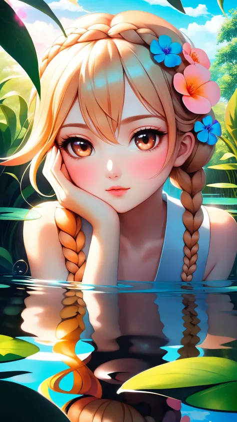 (masterpiece several style, best quality, day:1.3), a cute kawaii ù girl, portrait type photo, peach, skinny, thirsty, dark blonde dutch braid, mascara, pond background, Dazzling, trending on ArtStation, nsfw double exposure, Psychedelic art style, divides into two distinct realms, stark contrast between the light and the dark, transcending language and culture, reveal the universal essence of emotions, fantasy, creativity, inspiration, pure, raw beauty of love, joy, hope, kindness, death, decay, anger, fear, sorrow, despair
