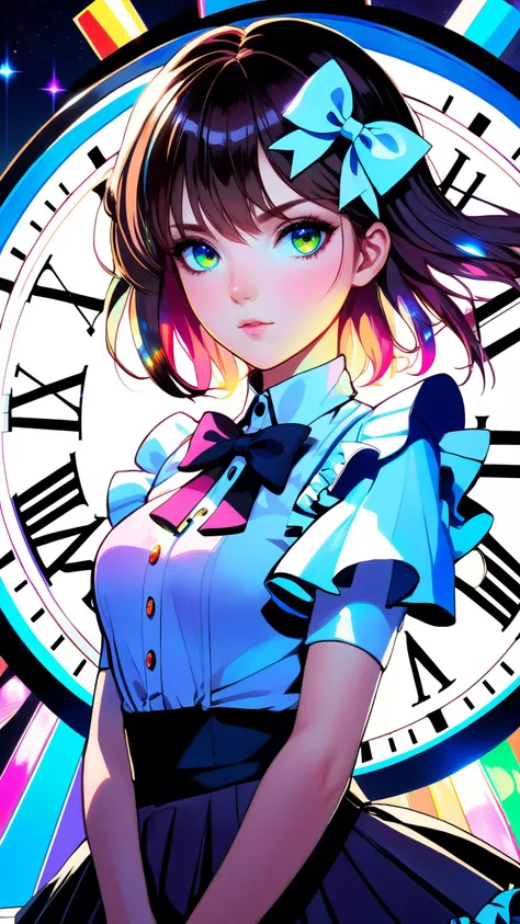 ((illustration)), ((floating hair)), ((chromatic aberration)), ((caustic)), lens flare, dynamic angle, ((portrait)), (1 girl), ((solo)), cute face, ((hidden hands)), neon spirits, asymmetrical bangs, (beautiful detailed eyes), eye shadow, ((huge clocks)), ((glass strips)), (floating glass fragments), ((colorful refraction)), (beautiful detailed sky), ((dark intense shadows)), ((cinematic lighting)), ((overexposure)), (expressionless), blank stare, big top sleeves, ((frills)), hair ornament, ribbons, bowties, buttons, (((small breast))), pleated skirt, ((sharp focus)), ((masterpiece)), (((best quality))), ((extremely detailed)), colorful, hdr