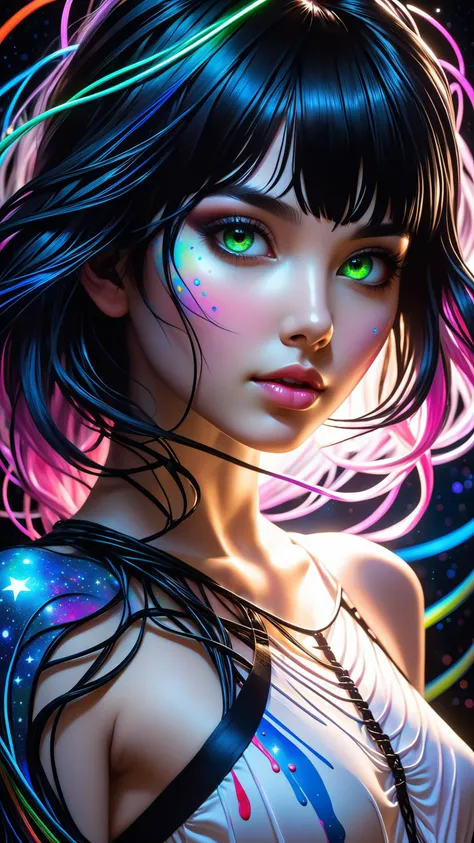 masterpiece, photorealistic, ultra realistic, best quality, ultra high res, extremely detailed, (psychedelic art:1.4), woman, veil, visually stunning, beautiful, award-winning illustration, cosmic space background, ethereal atmosphere, ultra quality, beautiful girl, cosmical concept, rainbow strings, rainbow skin, rainbow bloody veins growing and intertwining out of the darkness, nailed wire, oozing thick blue blood, sharp neon, veins growing and pumping blood, vascular networks growing, green veins everywhere, yin and yang, glowing space, glowing stars, infinity symbol, cinematic photo crazy insane, high energy, magic, hyper realistic, detailed and realistic portrait of a woman, round eyes and short messy hair shot outside, wearing a white t shirt, skin texture, chapped lips, soft natural lighting, portrait photography, 85mm lens, magical photography, dramatic lighting, photo realism, ultra-detailed, intimate portrait composition, (open mouth), smiling, athletic small waist, (((masterpiece))) ((best quality)), ((21st century)), (((8k photography)), ((hands on face)), (elegant, beauty), ((blushed)), ((beautiful light gray eyes)), ((pure delicate innocent face)) and (smooth detailed face), (((hyper realistic))), ((black hair))) (blunt bangs), (symmetrical legs), symmetrical perfect body, sharp focus, A hauntingly beautiful portrait of a young girl with a large wound her on cheek with stitches, 22 years old, her delicate features are framed by a tangle of intricately braided pink hair, drawing the viewer into her captivating gaze, wearing black, she seems to melt into the shadows that surround her, there's a certain luminosity about her - almost as if she were lit from within, subtle yet vibrant colors creates an ethereal atmosphere that's both mesmerizing and unsettling, Every aspect of this portrait - from the meticulous attention to detail on her clothing and accessories to the dramatic lighting effects - speaks volumes about her unique personality and style preferences, portrait perfectly captures the essence of modern goth culture, showcasing its blend of elegance, mystery, and macabre sensibilities, style of Anato Finnstark, (volumetric lighting), intricate details, rainbow paint, a girl made entirely out of rainbow paint, entirely paint, 1girl, all rainbow paint, hdr, (intricate details, hyperdetailed:1.15), gorgeous lighting, rainbow, paint splatter, splashes, very rainbow, very colorful, neon, paint drops, rainbow paint background, colorful background, ((high detailed skin, dslr, soft lighting, high quality, film grain, Fujifilm XT3, HD, Sharp)), (canon 50mm) intricate details photorealistic, 35mm photograph, film, bokeh, professional, 4k, highly detailed, A glitched-out (anime girl:1.3) dances across the screen, her movements and form constantly shifting and (deconstructing:1.2), embodying the dynamic essence of (breakcore:1.2), dynamic essence:1.1, breakcore:1.1