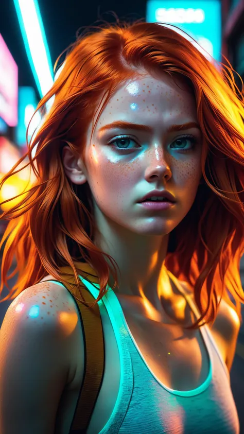 nsfw, magazine cover, (dynamic angle:1.1), (beautiful face:1.2), dark sky, (nighttime:1.2), neon lights, photo of (angry:1.2) girl in the neon street, crop top, freckles, long ginger hair, volumetric light, masterpiece, 8k, (best quality:1.3), (intricate details:1.1), subsurface scattering, ultra realistic, colorful, ((glitching)), splitted personality, (shattering skin, computer glitch effect), portrait photo of a 25 years old man, looks away, natural skin, (cinematic, film grain:1.1), schizophrenia