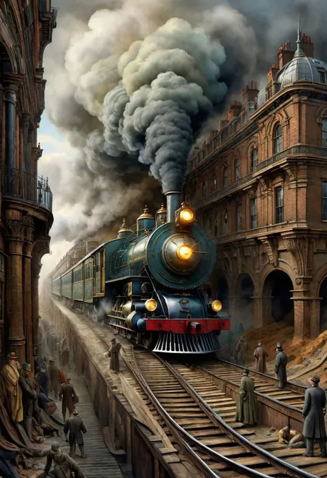 Compelling and ominous digital watercolor, An elevated steam train travels through the hivelike labyrinth of a 19th century victorian megacity, inspired by Gustave Dore, Daniel Merriam, Vladyslav Yerko, Kerem Beyit, Enki Bilal, Alexandr Averin, deep color, perfect composition, hyperdetailed exquisite realistic watercolor, grimy and bleak London landscape, crowded and claustrophobic tone, midnight, 32k, complex and razor-sharp background with dynamic lighting, a masterpiece