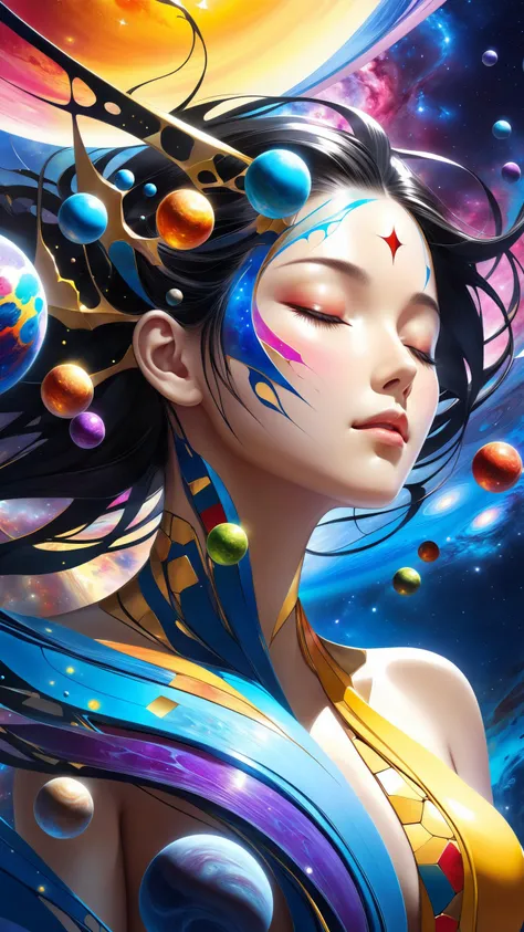 a beautiful girl, closed eyes, portrait, (((splash of paint))), (((colorful))), (((floating colorful paint))), goddess of death, Japanese mythology,(featuring mythical creatures), solar system, milky way, dream, fantasy, (abstract background:1.3), masterpiece, ultra realistic, extremely detailed CG unity 8k wallpaper, best quality, photorealistic, Human anatomy, fragmented body parts, 3d cube fragmentation of body, cubes and orbs breaking off face, surreal masterpiece, vibrant colors, rim lighting, mechanical fragmentation, biosphere decomposition, high detail, floating parts, detailed cosmic background, fractal art, galaxy light vision, 16k, Astral concept art, sharp lines