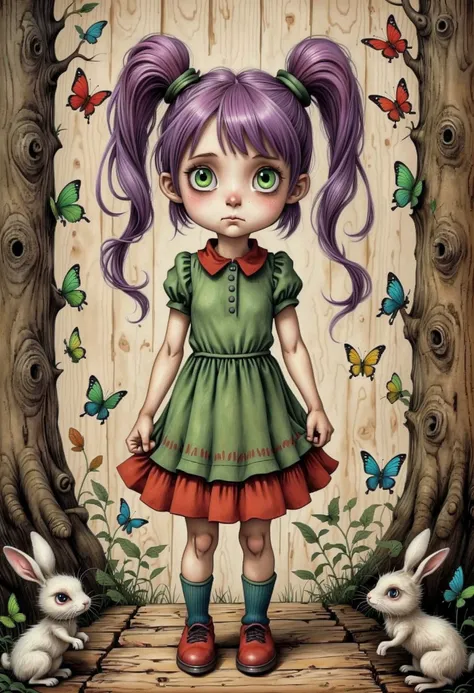 ASCIIvintage drawing of a Girl, Two Ponytail Purple hairs, green-red dress, Expression pose of action, (looking forward:1.25), empty hands, white 2rabbit, rainbow Butterflies, wood wallpapers, masterpice by (John Kenn Mortensen:1.36), best quality, 4k textures, ultra detailed